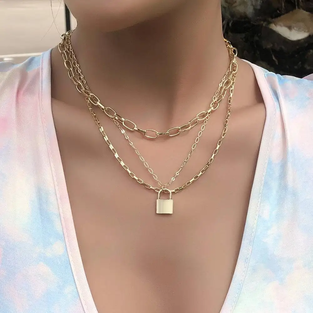

European Style Simple Golden Lock Pendant Multi-layer Necklace Women Fashion Clavicle Chain Trend Party Jewelry Friendship Gift