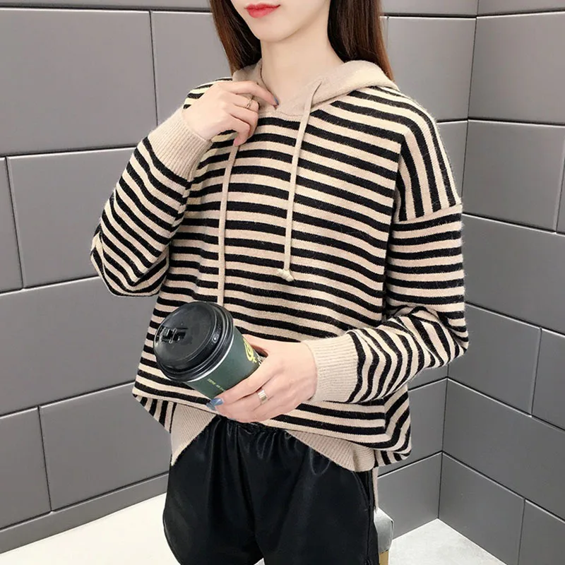 

Korean Stripe Hooded Knit Sweater Autumn 2021 Loose Knitted Pullover Sweaters Sueter Feminino Casual Long sleeve Female Knitwear