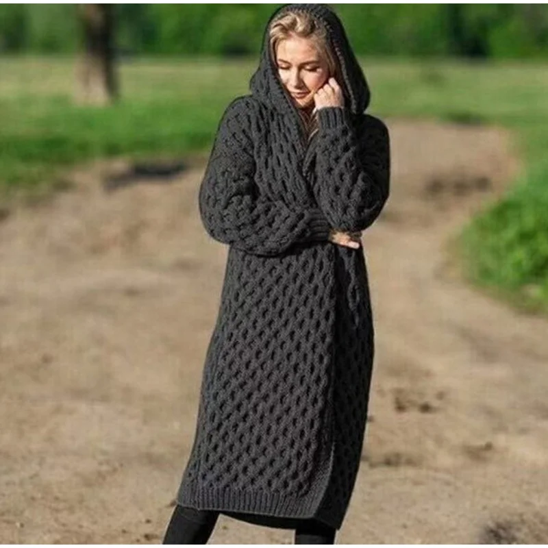 Плюс размер 5XL с капюшоном, вязаный кардиган для женщин, скрученный вязаный женский длинный кардиган, Осень-зима, свитера, пальто для женщин