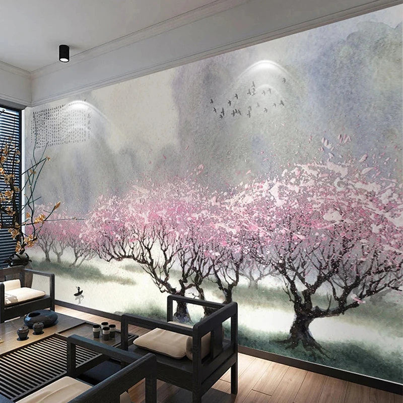

Custom Mural Wallpaper Chinese Style 3D Beautiful Oil Painting Peach Blossom Forest Flower Fresco Living Room Bedroom Home Decor
