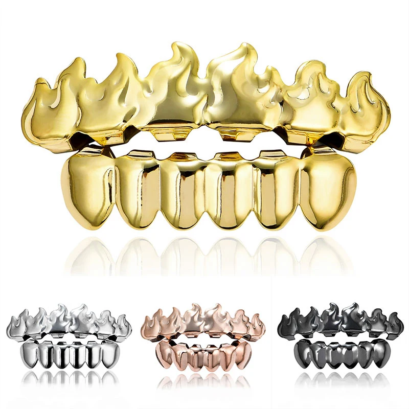 

Gold Color Plated HIP HOP Teeth Grillz Flame Leaf Top Bottom Grill Set silicone Vampire teeth Christmas Gift Punk Grillz Dental