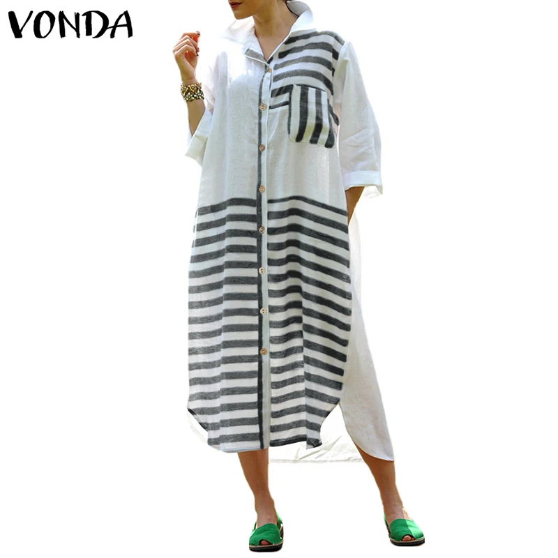 VONDA, женское Хлопковое платье до середины икры, осень-весна, Повседневное платье с длинным рукавом, карманами, в полоску, пэчворк, асимметричное, Vestidos размера плюс