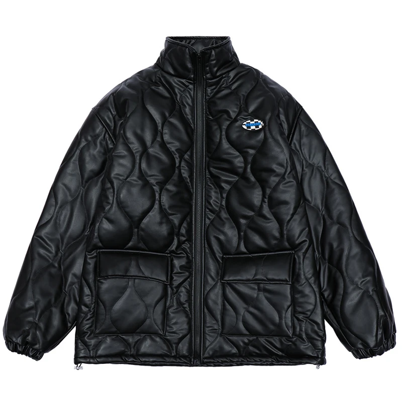 

Mens Embossing Thick Warm Parkas Winter Unisex PU Leather Padded Jackets Coat Male Oversize Couple Black White Parkas Jacket