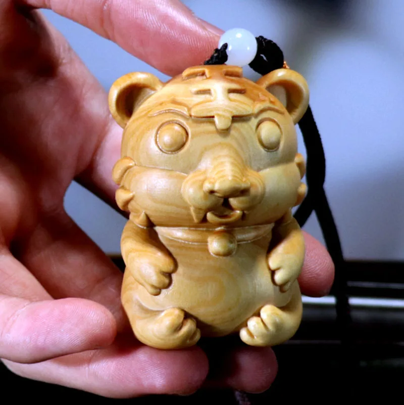 

Lovely Tiger Pendant Hand Carved Boxwood Figurine Carving Lucky Zodiac Animal Netsuke Feng Shui Sculpture - #W105