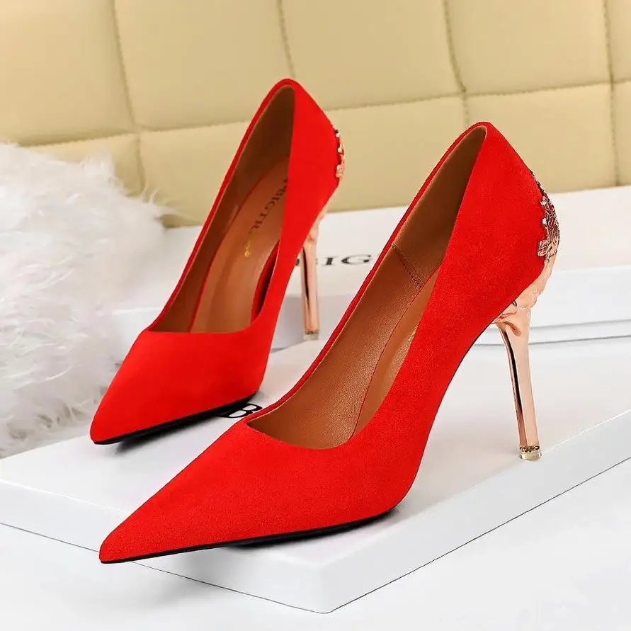 

Spring And Summer Sexy Thin Metal Heels Women's Shoes Suede Shallow Mouth Pointed High Heels Single Shoes Wedding Shoes