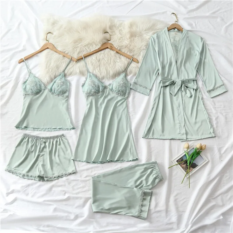 Для женщин пижамы набор кимоно платье Шелковый Халат Кружева 5 вещи в комплекте