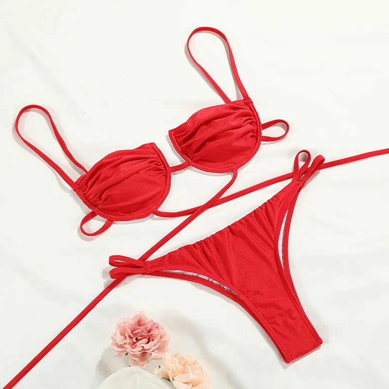 

Zrtak 2021 Cup Bikinis Push Up High Cut Swimwear Women Bath Suit Sexy String Bandage Bikini Set Glitter Fabric Swimsuit Female