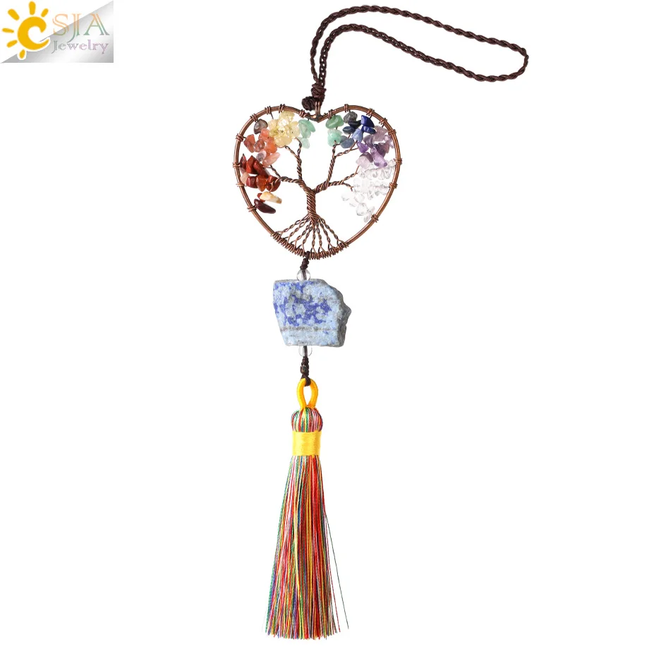 

CSJA Natural Stone Tree of Life Pendant for Car Wall Decoration Hanging Crystal 7 Chakras Heart Symobl's Good Luck Ornament G871