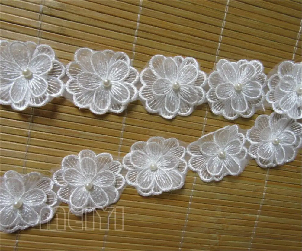 1 ярд жемчужно с цветочной вышивкой и кружевной каймой отделка Лента для