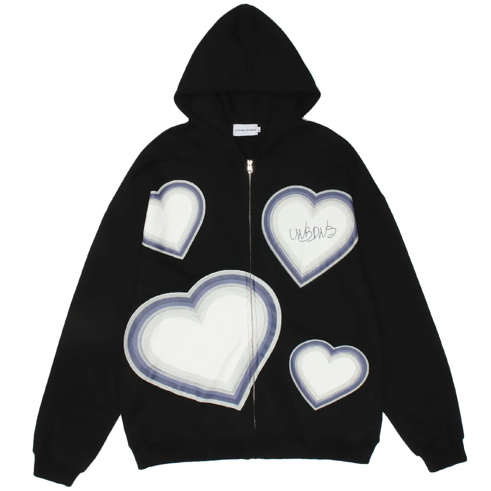 

Streetwear Hip Hop Harajuku Sweatshirt Zipper Hoodie Heart Print Hoodie Men Cotton Casual Pullover Autumn Hooded Hoodie Black