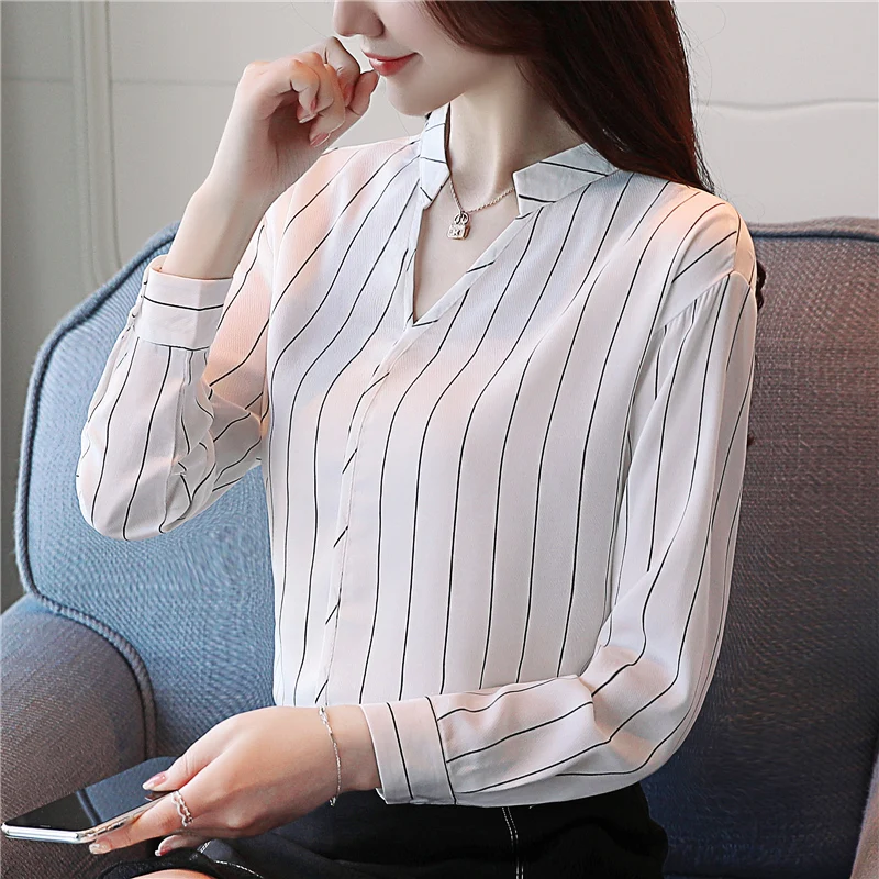 

Шифоновая женская рубашка с длинным рукавом, Осенние полосатые женские топы и блузки, офисные женские блузки, рубашки с v-образным вырезом, ж...