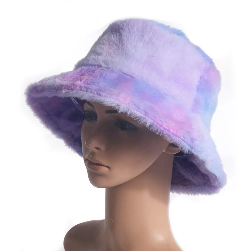 

Winter Rainbow Colorful Tie Dye Bucket Hat Fluffy Fuzzy Plush Short Brim Bonnet Thick Warm Outdoor Panama Fisherman Cap