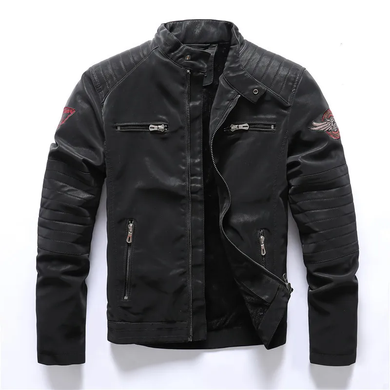 

KIMSERE Men's Winter Warm Leather Jackets And Coats Fleece Lined Thicken Thermal PU Motorcycle Outerwear With Embroidery Tops