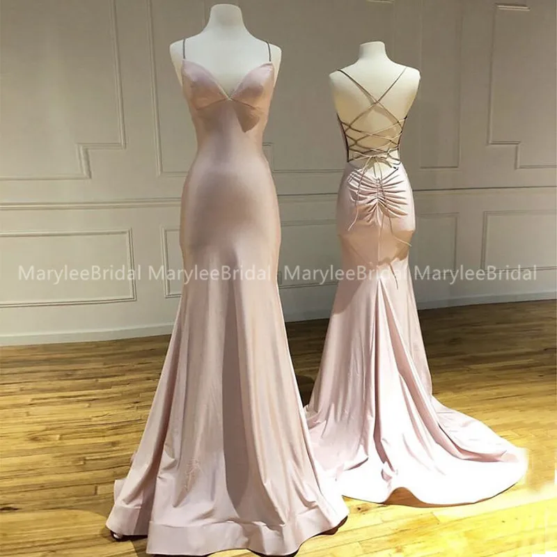 

Sexy Mermaid Evening Dress V-neck Spaghetti Straps Long vestidos de fiesta de noche 2020 Crisscross Back Salmon Pink Prom Gowns