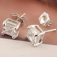 fashion women 925 sterling silver clear square cubic zirconia ear studs earrings