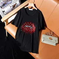 large size hot driliing short sleeve t shirt summer new black o neck korean style tops fashion lip diamond tees tx169