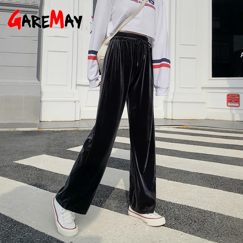 Женские золотые бархатные широкие брюки повседневные свободные женские штаны с