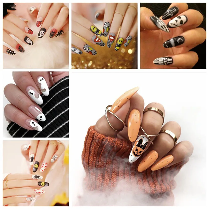 

Fake Nails Halloween Skull Spider Dice Full Cover Fake Nails DIY Glue Press On Nails Nail Supplies For Professionals
