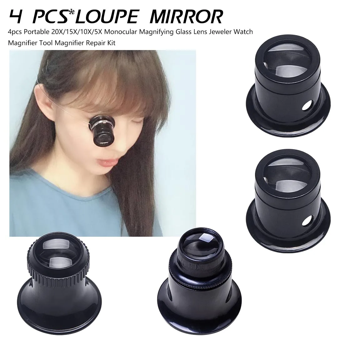 

Monocular Magnifier 5X 10X 15X 20X 4pcs Magnifier Jeweler Watch Magnifier Glass Magnifier Len Repair Tool