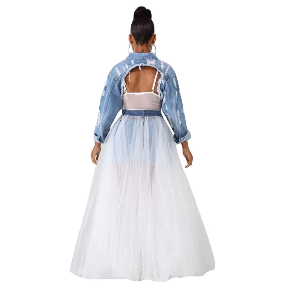 

Stitching Mesh Perspective Swinging Cool Reverse Denim Large Pocket Bubble Skirt Hot-Selling Skirt