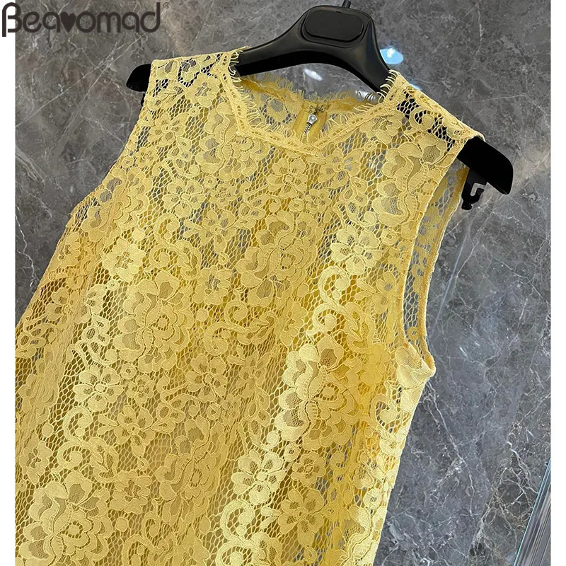 Beanomad Runway Fashion Summer Woman Yellow Silk Skirt Suit O-Neck Lace Hollow Out Top+High Waist Ruffles Hem Skirt 2 Piece Set