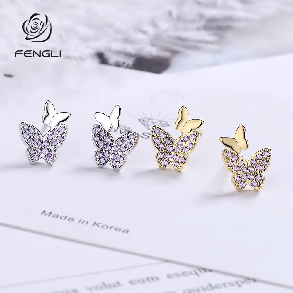 

FENGLI Gold Korean Elegant Stud Earrings for Women Butterfly Shape Girls Metal CZ Ear Studs Boucle D'oreille Jewelry