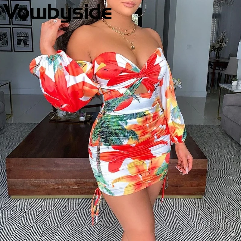 

Spring and Autumn Women's Dress Sexy Fashion Flower Print Long Sleeve Slash Neck Dress