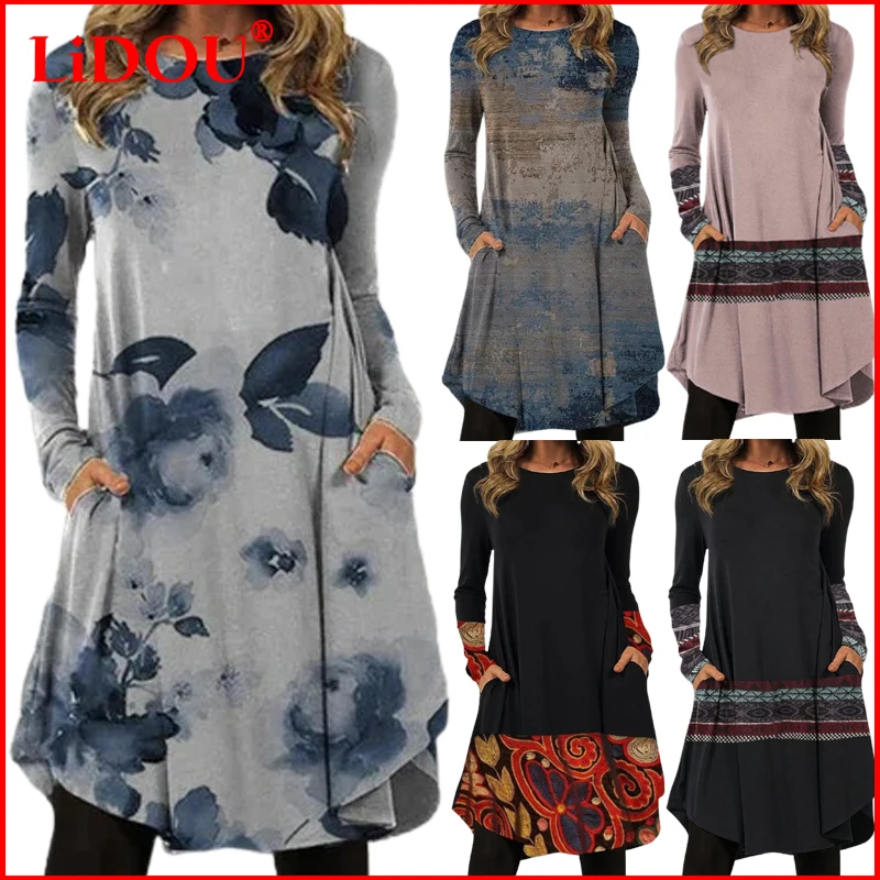 Купи Elegant Dress for Women Casual Loose Midi Dresses Floral Print Pocket Vintage Vestido Fall Oversized Clothes Retro Robe Femme за 1,184 рублей в магазине AliExpress