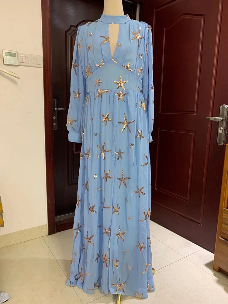 

Spring women's hollow big swing dress chiffon retro open hairpin lantern sleeves embroidered half-high collar sequin dress