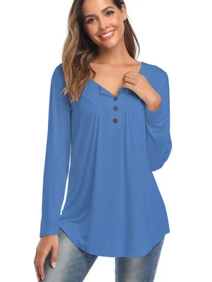 

2022 Autumn New Style Plus Size Women's V-neck Button Long-Sleeved Shirt Solid Color Pleated Loose T-shirt Casual Loose T-shirt