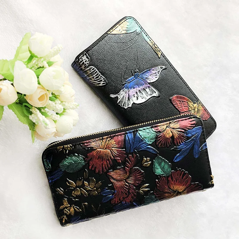 

Women Leather Wallet Long Clutch Bags Flowers Womens Wallets Purses Floral Pattern Female Rfid Card Holders Coin Purse Femme