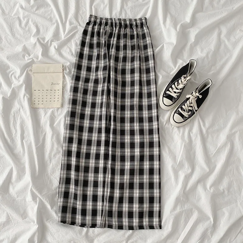 

New Plaid Pants Women High Waist Korean Style Checked Trousers Casual Wide Leg Pants Vintage Jokers Palazzo Pants Fashion