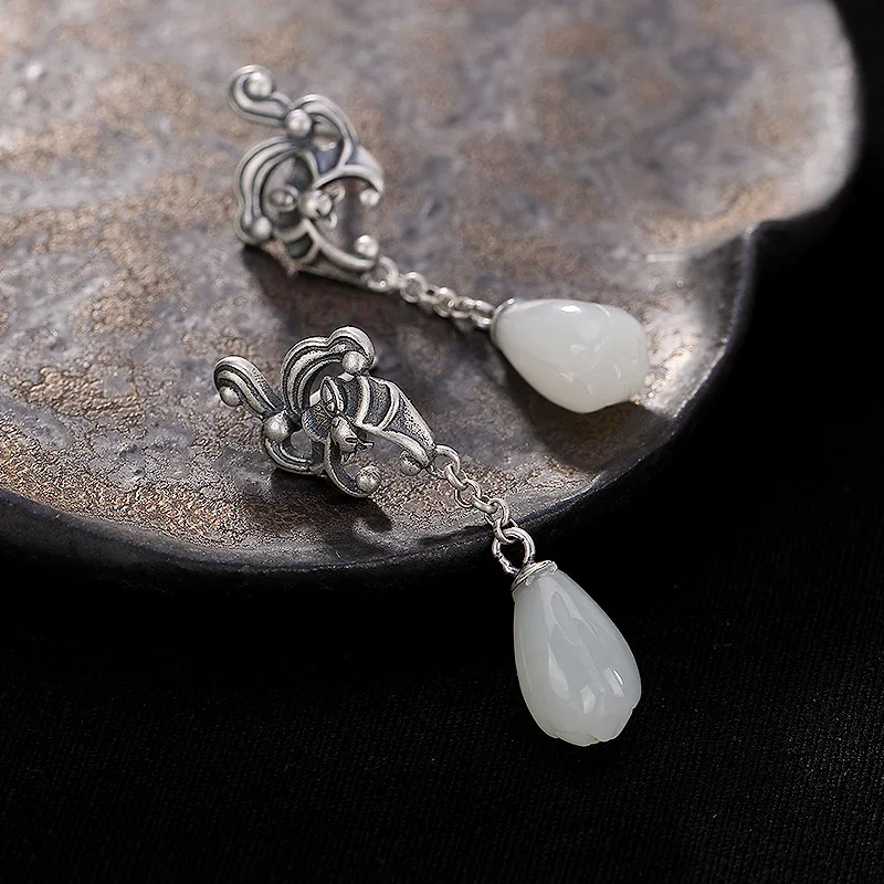 

Natural 925 sterling silver inlaid hetian jade earrings, white jade ladies, temperament magnolia flower earrings women earrings