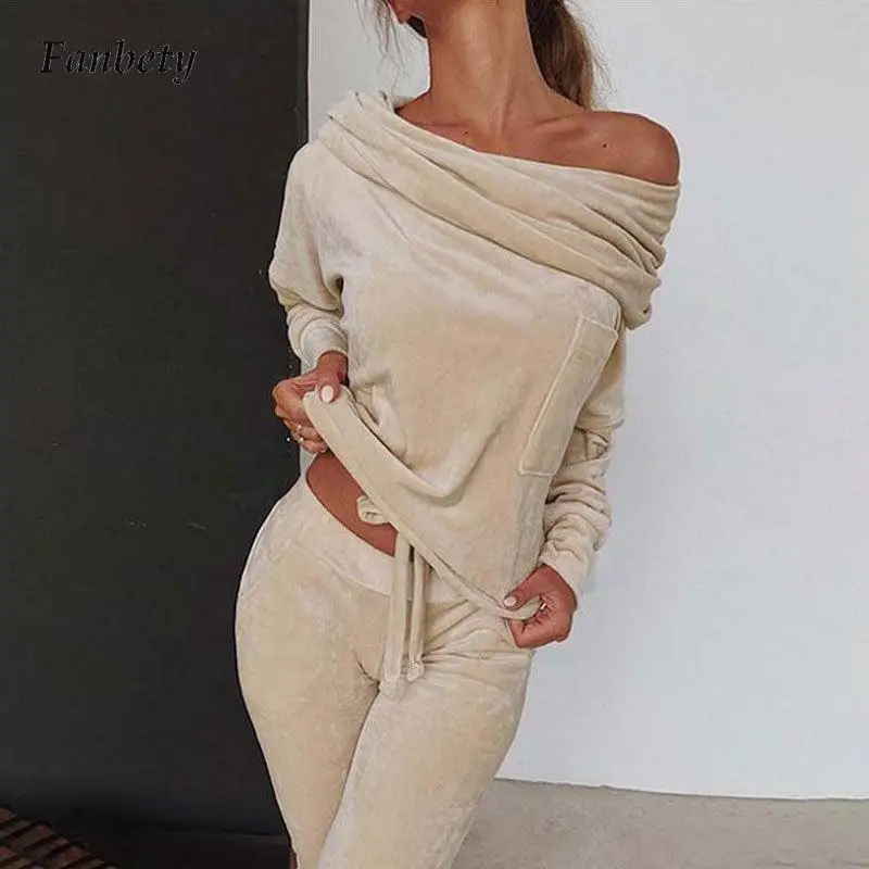 

Autumn Warm Two Piece Suit Sets Women Winter Sexy Slash Neck Pullover Sweathsirt and Drawstring Pants Clothes Solid Lady Outfits