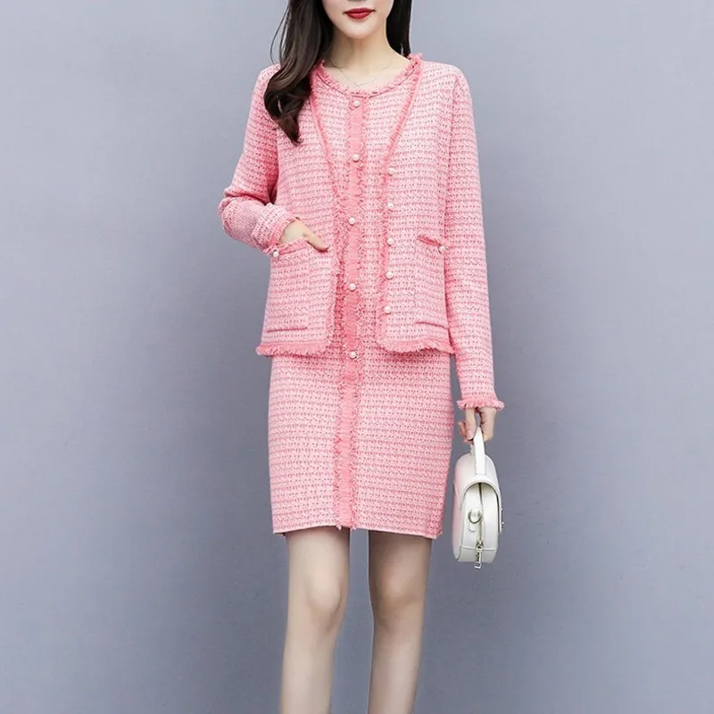 

Elegant Qualities Ladies Knited Dress Two Pieces Sets Long Sleeve Single Breasted V-Neck Coats Sleeveless O-Neck Slim Dresses