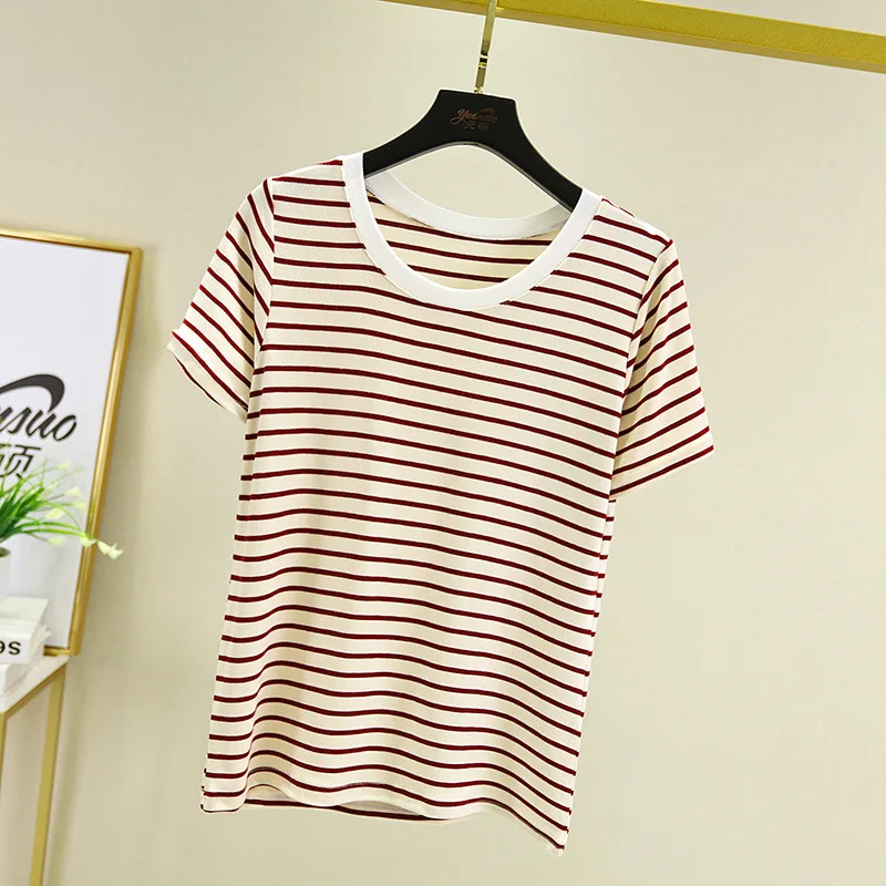 

The summer fashion trend is a hot seller of women's striped T-shirt top with round neck and short sleevesNKYF67