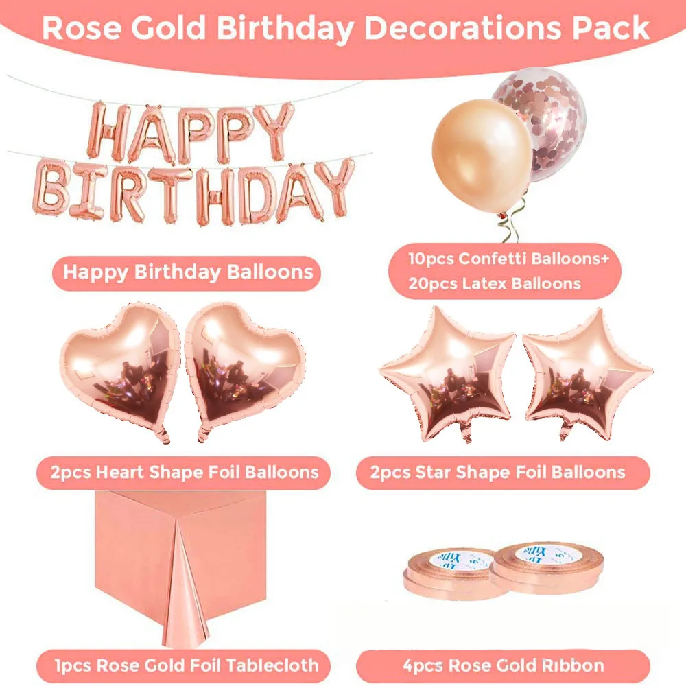 

Rose Gold Birthday Ballons Set Tablecloth Fringe Curtain Birthday Decoration Girl 46pcs Event Supplies Pack Confetti Balloons