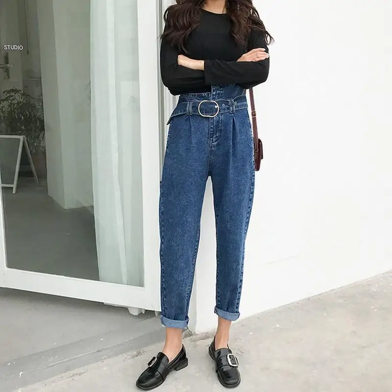 

Dark Blue Harlan Pants BF Jeans Fashion Street Decoration Body Curve High Waist Irregular Belt Retro Denim Pants Harem Pants