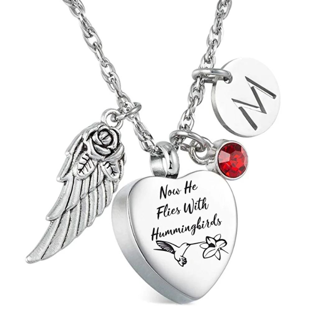 

Stainless Steel Pet Human Cremation Jewelry Hummingbird Ashes Urn Necklace pendant with Birthstone & Letter Initial Charm
