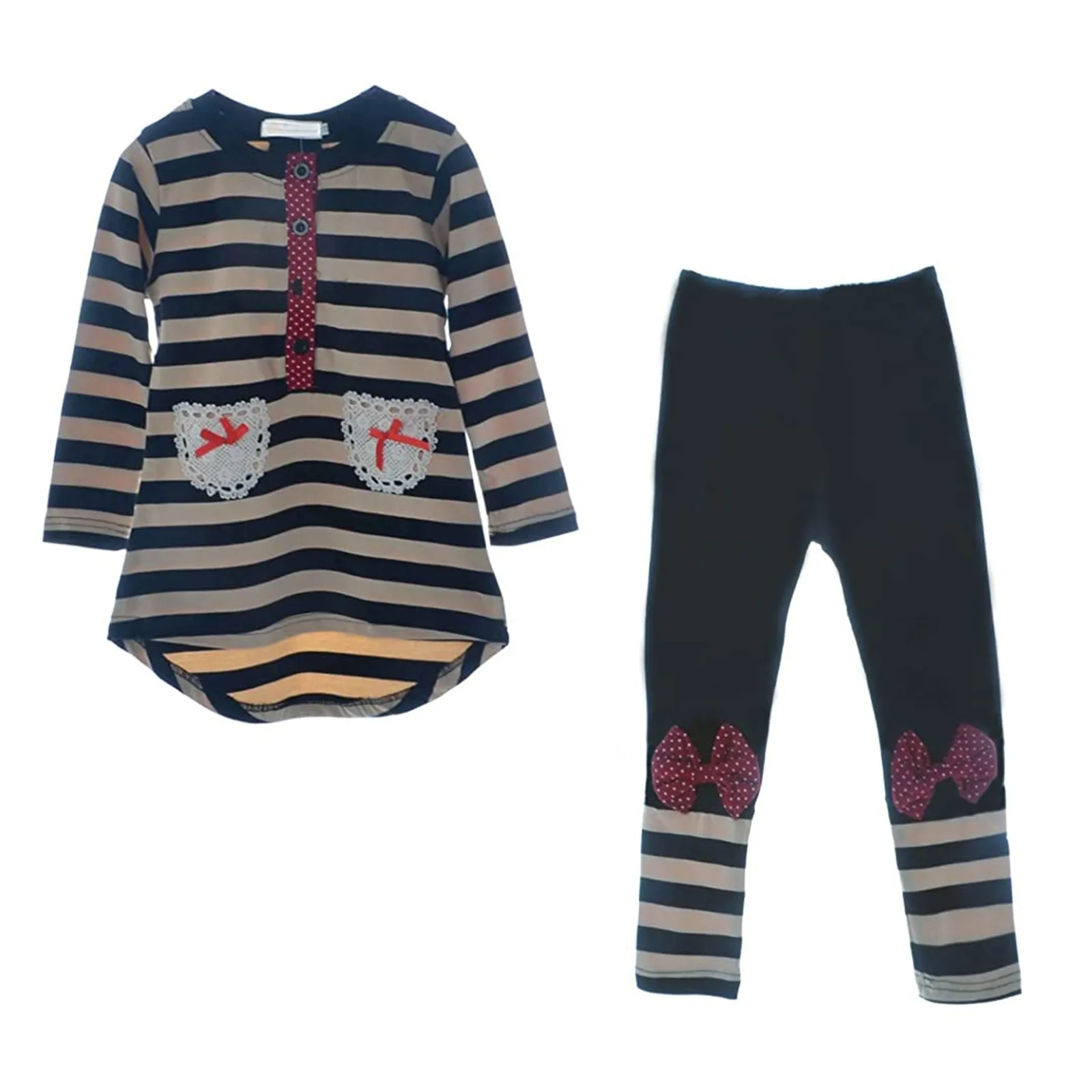

Children's girls printed striped top pants Christmas Korean spring and autumn style bowknot cotton striped suit 6*