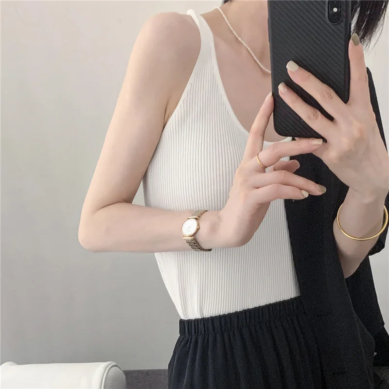 

Summer Ice Silk Vest Women's U Neck Tanks Camis Slim I-shaped Vests Waistcoat Fashion Girl Tops Tees