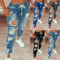 drawstring denim jeans women ripped hole stretch jean 2021 sexy slim high waist ladies plus size full length pencil pants