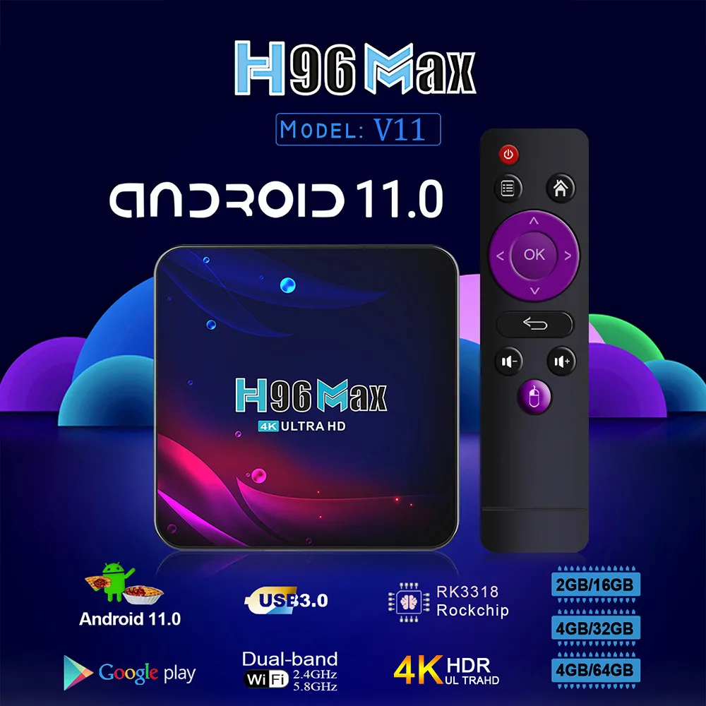 

ТВ-приставка H96 Max Pro на Android 2021, 4-ядерный процессор RK3318, 4 + 64/32 ГБ, USB 11,0, Wi-Fi, 4K