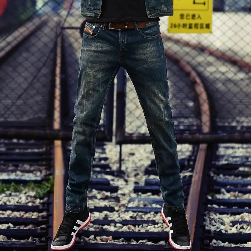 Новинка Осенние эластичные джинсы мужские прямые тонкие корейские повседневные