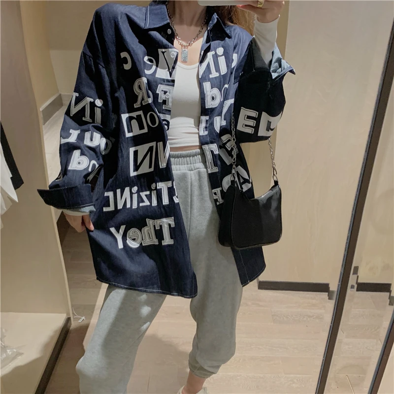 

New Women Designer Spring Denim Letters Graffit Print Shirts Blouses Ladies Street Party High Street Nice Shirts Tops NZ79