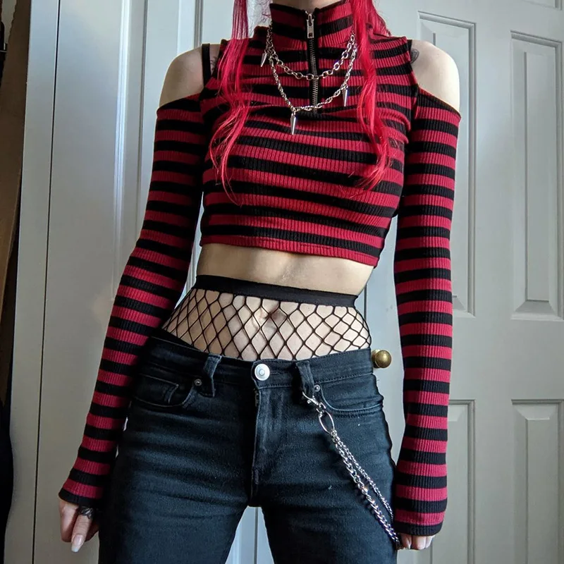 Goth Dark Grunge Striped Mall Gothic Basic T-shirts Punk E-girl Aesthetic Bodycon Casual Crop Tops Long Sleeve Open Shoulder Tee | Женская
