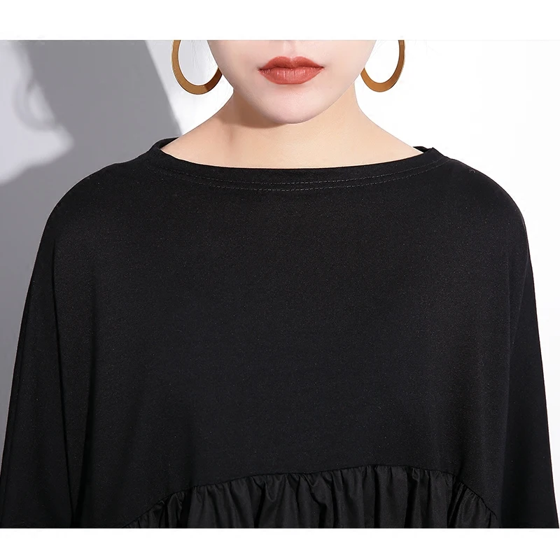 

Johnature moda negro 2020 primavera vestido de mujer cuello redondo manga larga Patchwork suelto lnea a bolsillos Mujer vestido