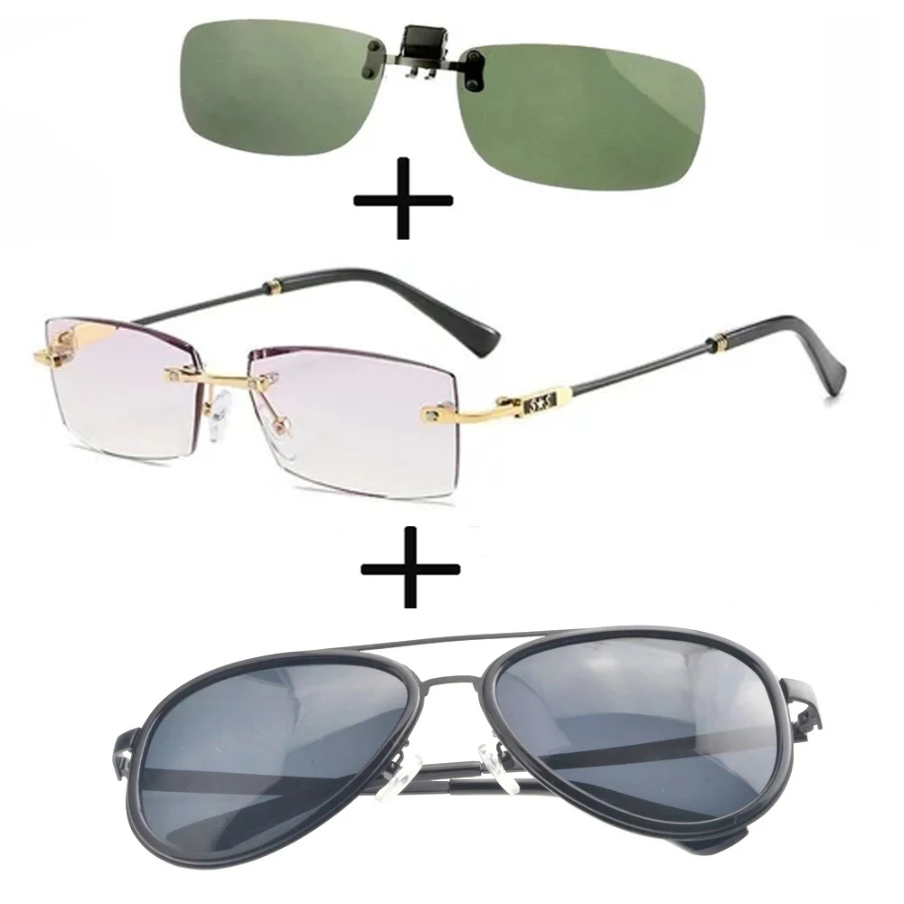 

3Pcs!!! Rimless Frameless Luxury Reading Glasses for Men Women + Alloy Polarized Sunglasses Pilot Night Vision + Sunglasses Clip