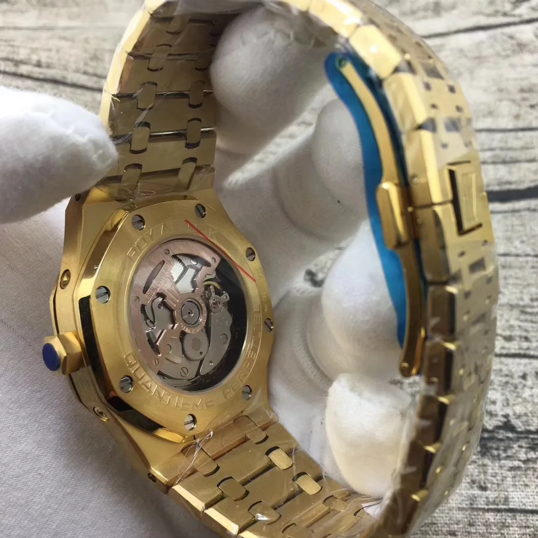 

Classic New Men Watch Automatic Mechanical GMT Moon Phase Sapphire Yellow Gold Luminous Blue White Watches Transparent Back