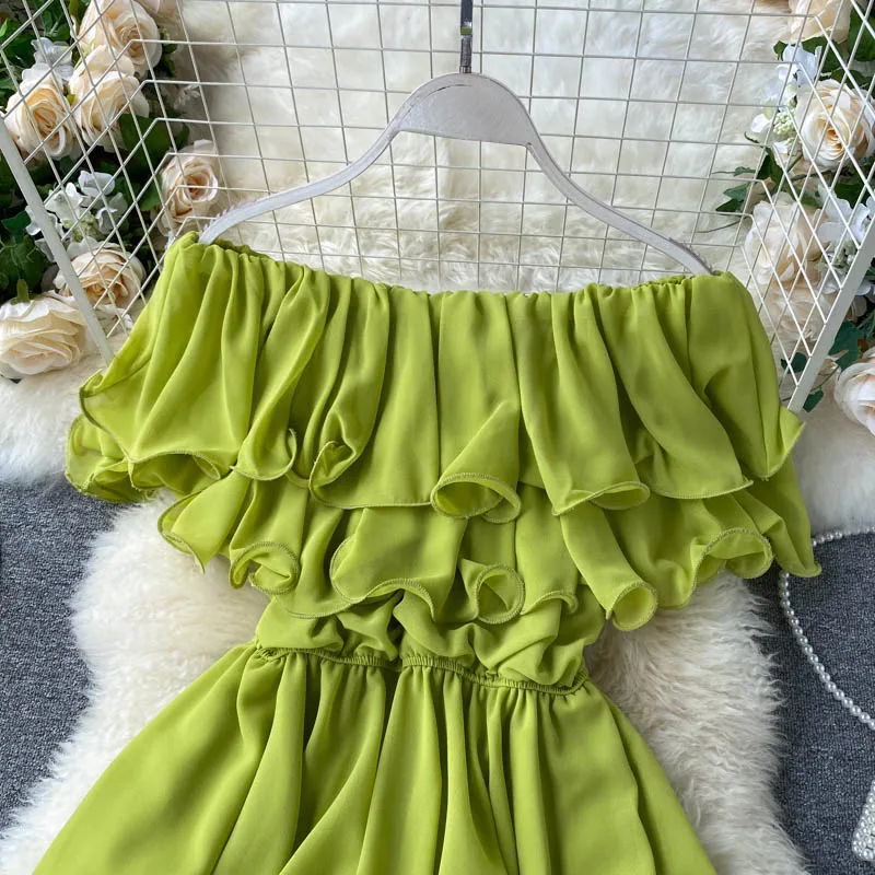 

Boho 2020 double ruffles off shoulder Short chiffon shirt sexy Women Summer high waist casual Beach Holiday Romper